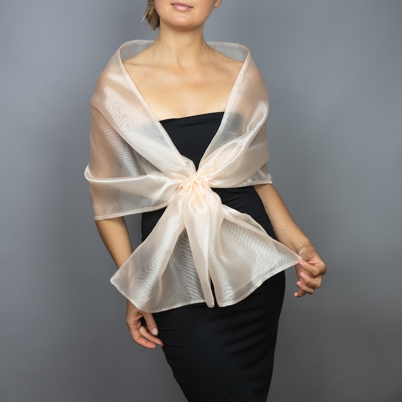 May include: A sheer peach-colored shawl draped over a person's shoulders. The shawl is tied in a bow at the front and has a flowing, elegant look.