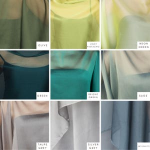 May include: A selection of fabric swatches in shades of green, grey, and beige. Colours include olive, light pistachio, neon green, green, bright green, sage, taupe grey, silver grey, and anthracite. Each swatch is labelled with its colour name.