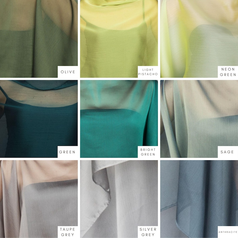 May include: A selection of fabric swatches in shades of green, grey, and beige. Colours include olive, light pistachio, neon green, green, bright green, sage, taupe grey, silver grey, and anthracite. Each swatch is labelled with its colour name.