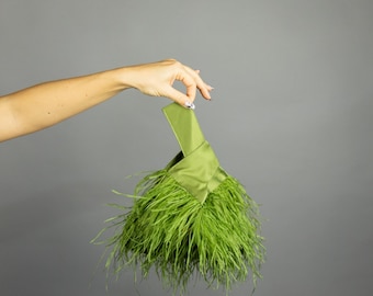 Pistacho green japanese knot bag feathers purse pistachio clutch green evening bag unique luxury bag feather purse ostrich feathers bag