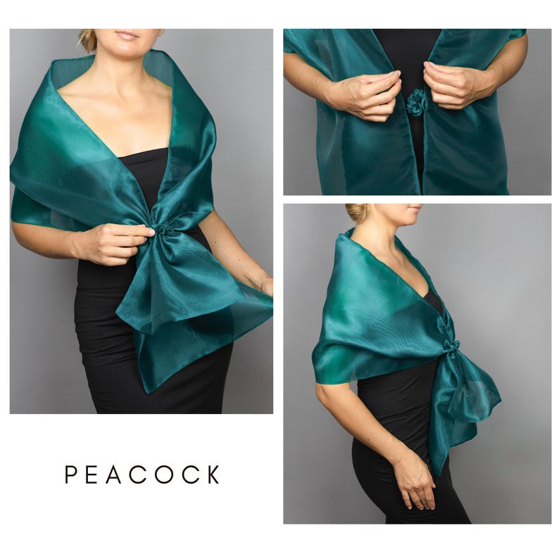 Luxury Organza Shawl Wrap: Magenta Fuchsia Bridesmaid Scarf for Evening Dresses Peacock