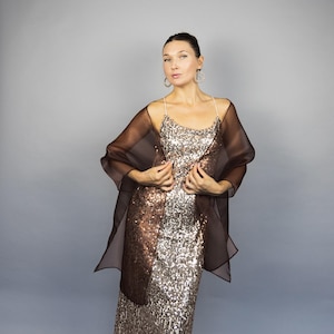 chal de organza marrón oscuro, chal transparente marrón oscuro, bufanda marrón oscuro, bolero transparente, damas de honor, mujer, bufanda transparente, chal de noche, baile de graduación