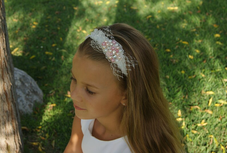 White Lace Headband Swarovski Crystals Flower Girl Headband Etsy