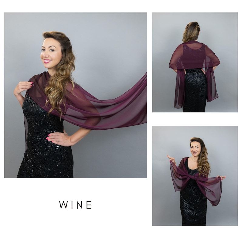 May include: A deep burgundy shawl with long sleeves, worn over a black sequined dress. The image shows the shawl in various poses. The word "WINE" is printed in white at the bottom of the image.