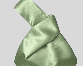Moss green Japanese knot bag purse clutch light green satin wedding, party, special occasion, simple bag, evening dress, green prom purse