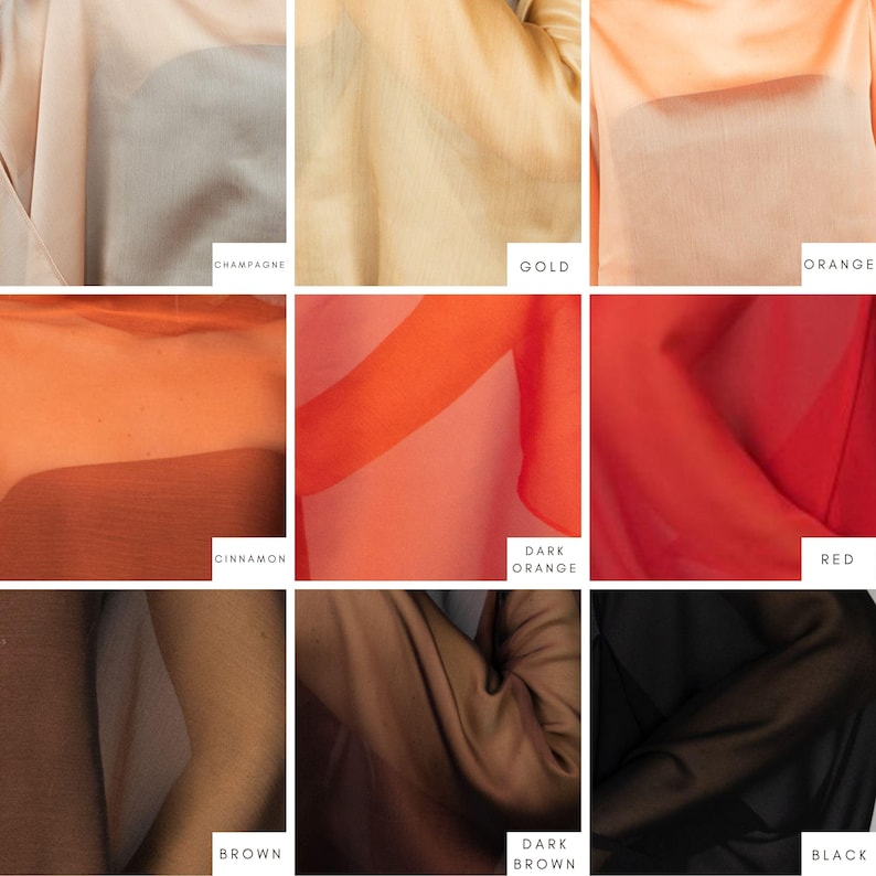 May include: A selection of sheer fabric swatches in shades such as champagne, gold, orange, cinnamon, dark orange, red, brown, dark brown, and black. Each swatch is labelled with its colour name.