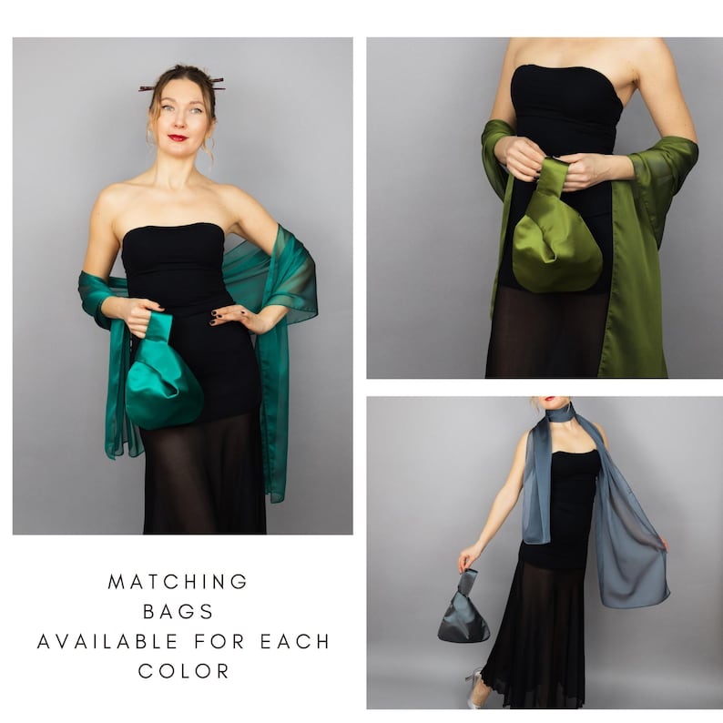 Puede incluir: Tres mujeres con vestidos negros y pa&ntilde;uelos a juego en diferentes colores. Cada mujer lleva un bolso peque&ntilde;o a juego del mismo color que su pa&ntilde;uelo. El texto "Bolsos a juego disponibles para cada color" se muestra debajo de las im&aacute;genes.