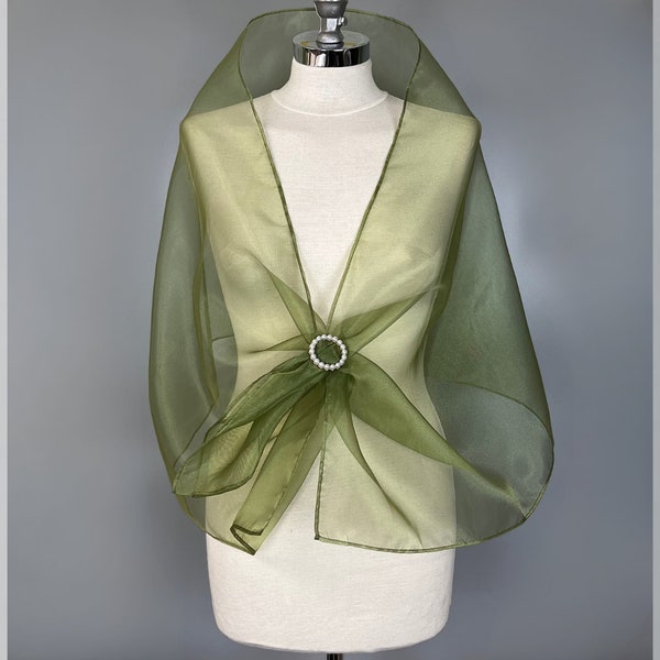 Organza wrap shawl with a buckle wedding in olive green or other colors, woman organza wrap, green shrug, woman scarf, prom scarf