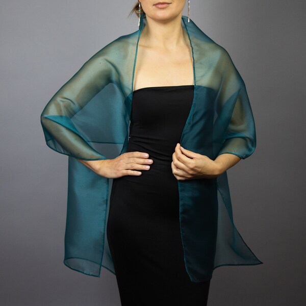 Turquoise, Peacock, Blue Green Organza wrap shawl, bolero, wedding shrug elegant accessory 200 cm emerald teal prom shawl