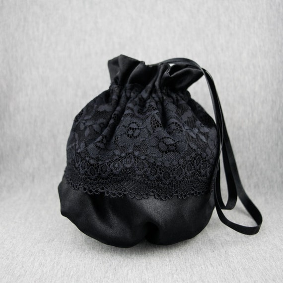 Elegant wristlet bag money bag purse lace black dress bridal bag evening satin silk Venetian lace