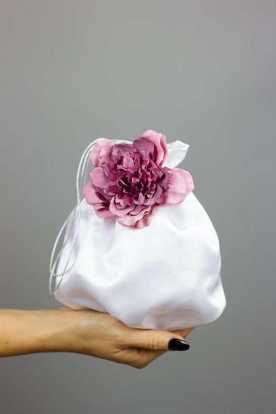 Weiß und mauve rosa Blume Brauttasche Geldbörse Wristlet Beutel Kommunion  Satin Brautjungfer Mutter der Braut Geschenk Geldbeutel Brautparty