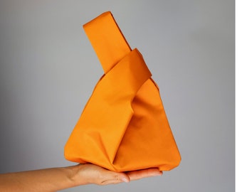 Sac en satin taffetas gingembre brun orange noeud japonais, sac à main, pochette, idéal pour robe de mariée, communion, fête, bal, douche nuptiale