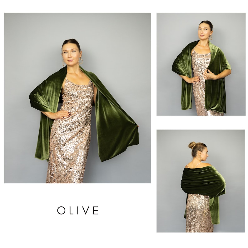 May include: An olive green velvet shawl draped over a gold sequined dress. The image shows the shawl in multiple views, highlighting its texture and drape. The word "OLIVE" is displayed in a minimalist font at the bottom of the image.