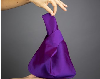 Borsa con nodo giapponese in taffetà setoso, pochette viola 2 tonalità viola blu, matrimonio, festa, borsa da festa, trucco e telefono si adatta all'interno, ballo di fine anno