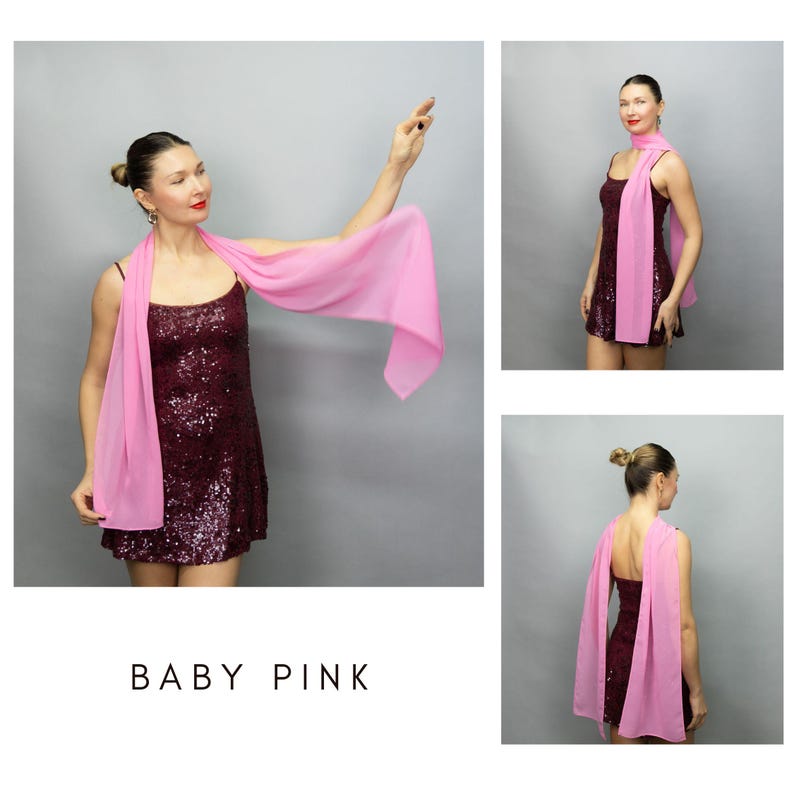 May include: A baby pink scarf draped over a sequined burgundy dress. The scarf is lightweight and flowing, with a soft, delicate appearance. The image includes the text "BABY PINK".