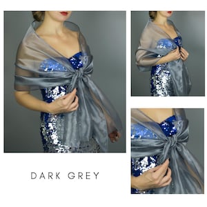 Light grey organza wrap silver grey sheer shawl scarf light grey sheer shrug bridesmaids scarf woman sheer scarf evening shawl prom Dark grey