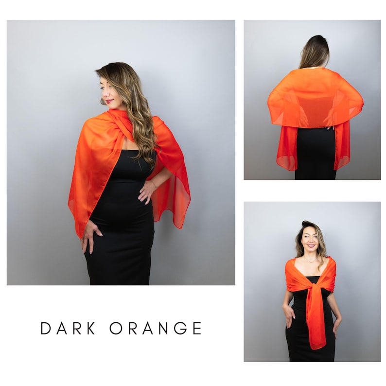 May include: A dark orange shawl draped over a black dress. The shawl is made of a sheer fabric and is styled in multiple ways. The text "DARK ORANGE" is displayed at the bottom of the image.