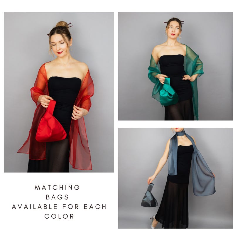 May include: Three women wearing black dresses and sheer scarves in red, green, and gray. Each woman is holding a matching fabric bag in the same color as their scarf. The text "Matching Bags Available for Each Color" is displayed below the images.