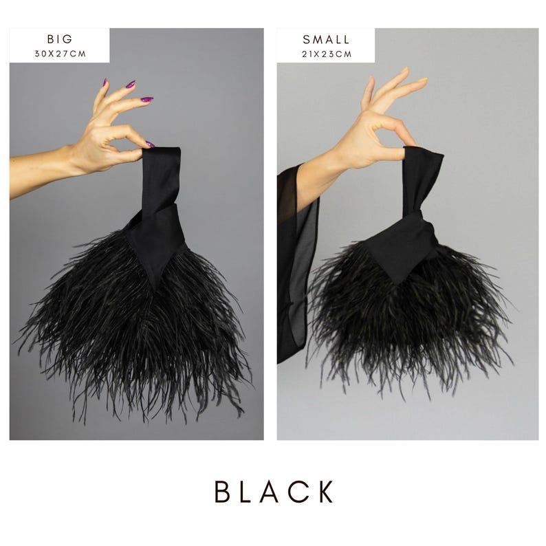 May include: Black clutch bag with a feather design. Available in two sizes: 30 x 27 cm and 21 x 23 cm. The word "BLACK" is displayed at the bottom of the image.