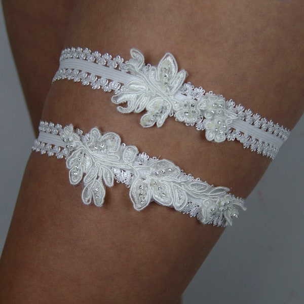 I Bridal garter set , Rhinestone garter set , tossing garter , keepsake garter , bridal gift , white lace beads strass , wedding garter
