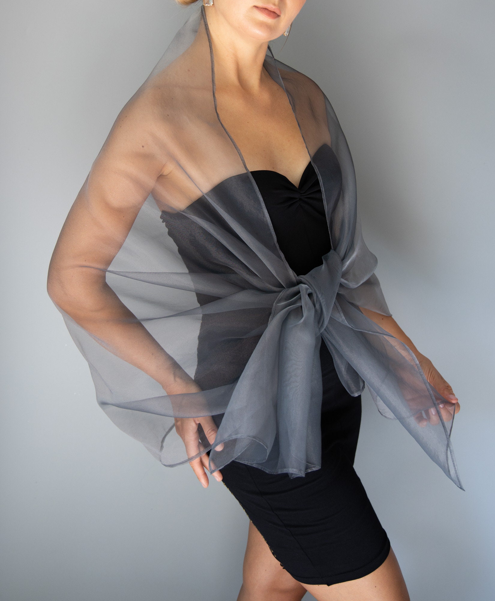 Large Dark Silver Grey Organza Wrap Dark Silver Grey Sheer Shawl