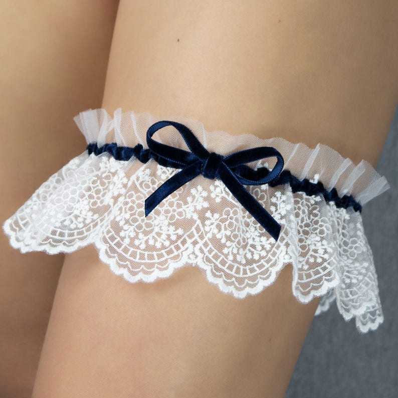 Velvet garter for your wedding venetian lace special occasion white blue navy blue Tossing garter
