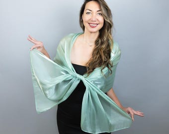 Mint Green Crystal Organza Shawl, Sheer Shiny Wrap, Bridesmaid Scarf, Lightweight Evening Shawl, Elegant Wedding Shrug