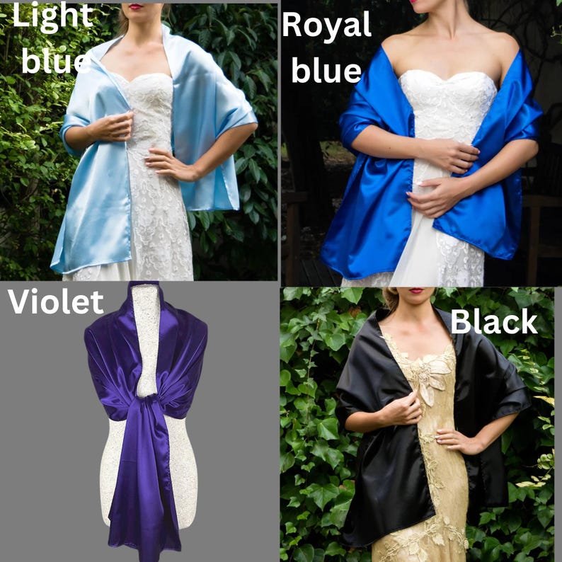 May include: Four different colors of satin shawls, light blue, royal blue, violet, and black. The shawls are draped over mannequins and are shown in different poses.