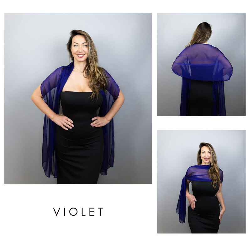 May include: A woman wearing a violet sheer shawl over a black dress. The shawl is draped over the shoulders and arms. The word "VIOLET" is printed in white at the bottom of the image. The background is a solid grey.