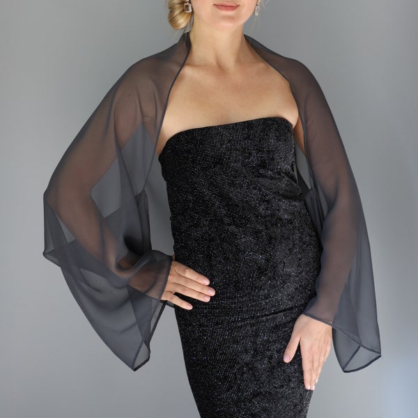 Grey charcoal anthracite chiffon sleeves capelet wrap shrug wedding dress, evening capelet, shoulder cape, jacket