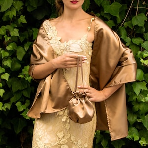Satin bag + wrap shawl wedding shrug elegant accessory 170 cm brown bronze gold coffee luxury satin fabric wedding dress, comunion, party