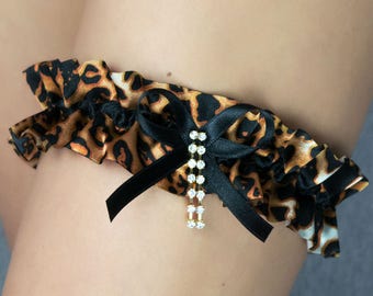 Bridal lace garter ,wedding gift  go-go, special occasion animal print tiger leopard gold Rhinestones
