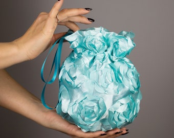 Bag purse light blue green aquamarine turquoise teal wedding purple satin flowers purse money communion party dress accessory clutch prom