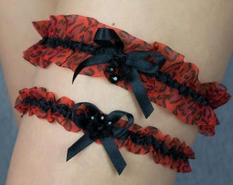 Conjunto de liga / Liga de flamenco con estampado animal para tu boda, solo para ocasiones especiales, organza, cuentas rojas y negras, leopardo rojo