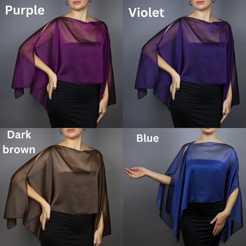 Peut inclure: Quatre ch&acirc;les en mousseline de soie transparente dans diff&eacute;rentes couleurs&nbsp;: violet, violet, brun fonc&eacute; et bleu. Les ch&acirc;les sont drap&eacute;s sur les &eacute;paules des mannequins et ont une coupe ample et fluide.