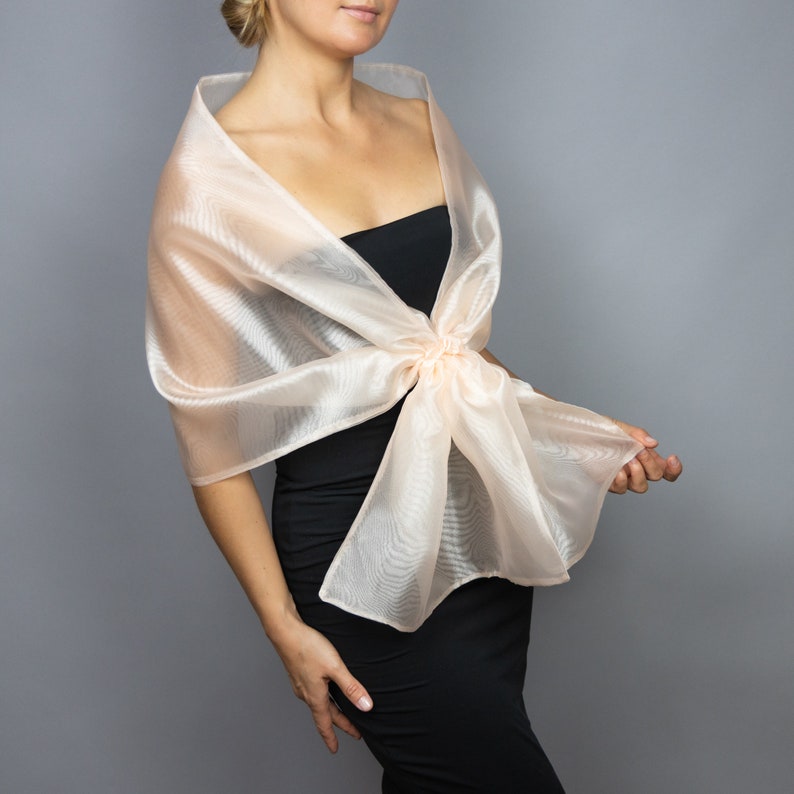 May include: A sheer peach-colored shawl with a large bow tied in the front. The shawl is made of a lightweight fabric and would be perfect for a wedding or other special occasion.