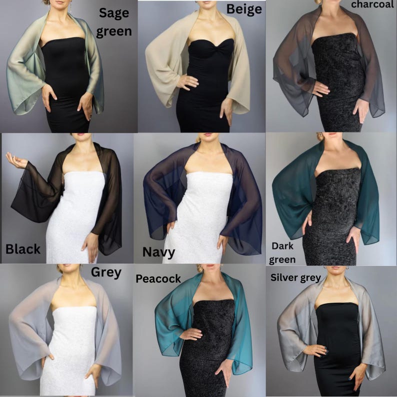 May include: Nine different color variations of a sheer chiffon shawl with long sleeves. The shawls are shown draped over models wearing black dresses. The colors are sage green, beige, charcoal, black, navy, dark green, grey, peacock, and silver grey.