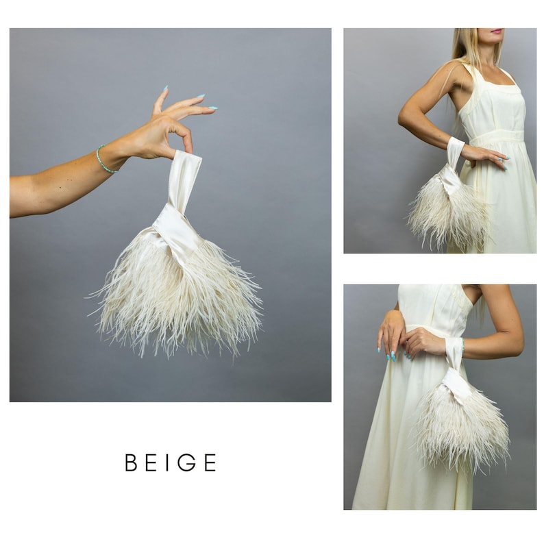 Champagne Japanese knot bag champagne feathers purse champagne clutch champagne party bag ostrich feathers unique bag feathers clutch prom Beige
