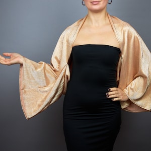Peach gold shimmer sleeves bolero capelet wrap shrug wedding dress, luxury black evening shrug, evening capelet, shoulder cape, jacket