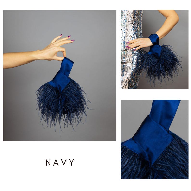 May include: Navy blue clutch bag with a satin handle and a fluffy feather trim. The bag is shown in multiple views, including a close-up of the handle and trim, and being held. The word "NAVY" is displayed below the image.