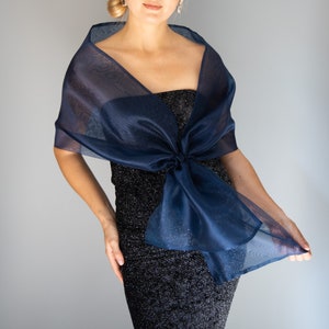 2 sided navy blue Organza knot wrap shawl shrug bridesmaids , comunion , party , evening shawl , prom shawl , navy blue scarf