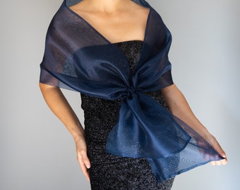 2 sided navy blue Organza knot wrap shawl shrug bridesmaids , comunion , party , evening shawl , prom shawl , navy blue scarf
