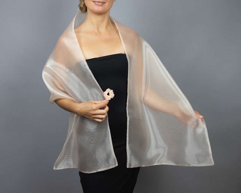 May include: A sheer, light pink shawl draped over a person's shoulders. The shawl is made of a delicate, flowing fabric.