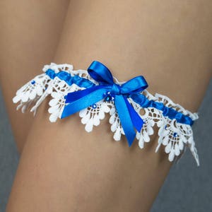 Etwas blaues Strumpfband für ihre Hochzeit, Hennennacht, Go-Go-Tanzen, besonderer Anlass weiß blau royalblaue Spitze traditionelle Strumpfband