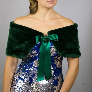Faux fur shawl wrap cape green, winter green shrug, winter set , fur muff, hand warmer, bridesmaids winter shrug, faux fur winter bridal set