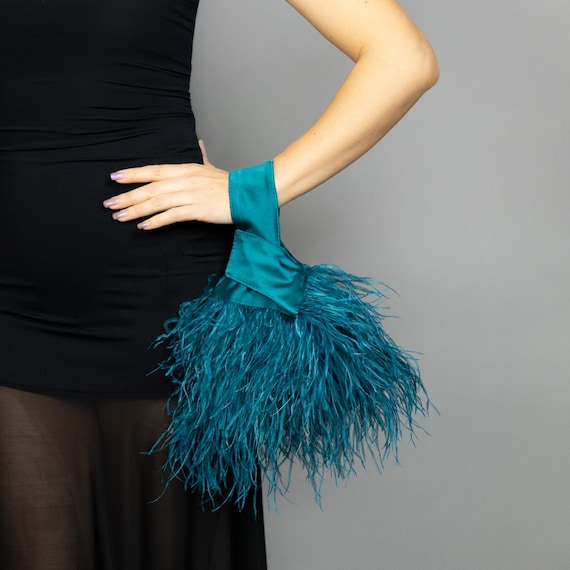 Peacock Green Japanese Knot Bag with Feathers - Elegant Feather Clutch - Bridal Purse - Wedding Guest Evening Bag - Glam Party Handbag