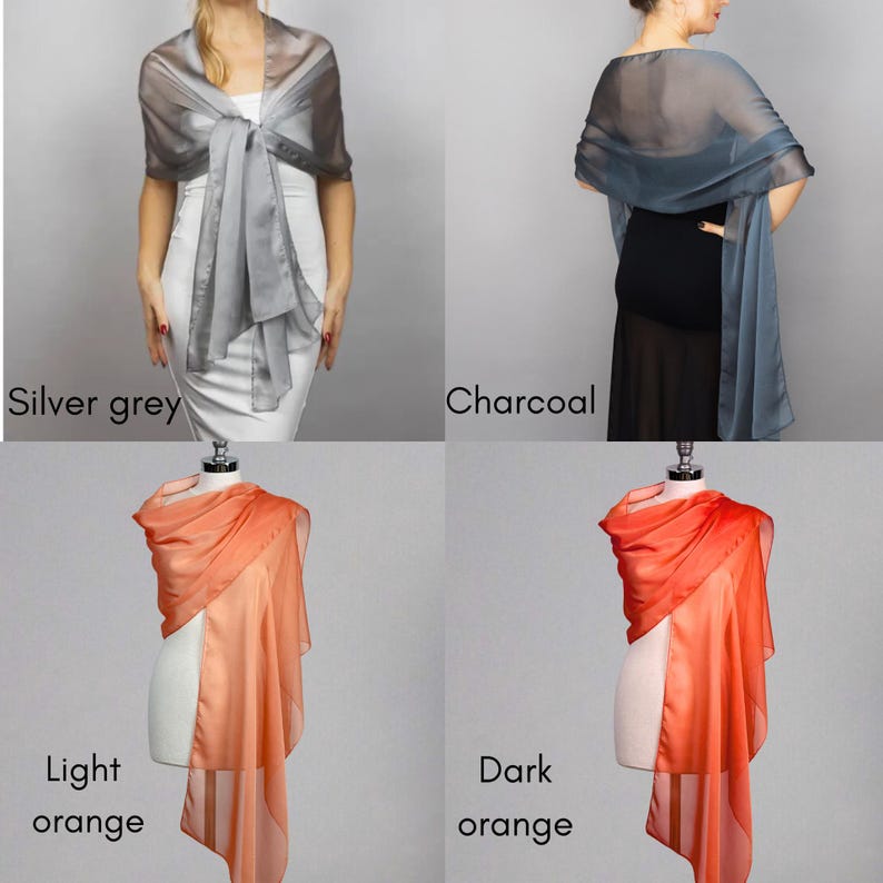 Puede incluir: Cuatro pa&ntilde;uelos de gasa en diferentes colores: gris plateado, carb&oacute;n, naranja claro y naranja oscuro. Los pa&ntilde;uelos est&aacute;n drapeados sobre maniqu&iacute;es.