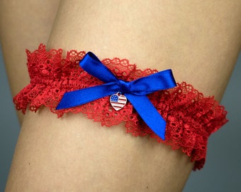 Patriotic american Lace garter wedding hen party  special occasion blue royal lace Something blue Bridal USA keepsake USA America