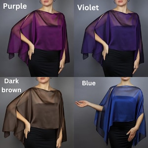 May include: Four sheer chiffon shawls in different colors: purple, violet, dark brown, and blue. The shawls are draped over the shoulders of models and have a loose, flowing fit.
