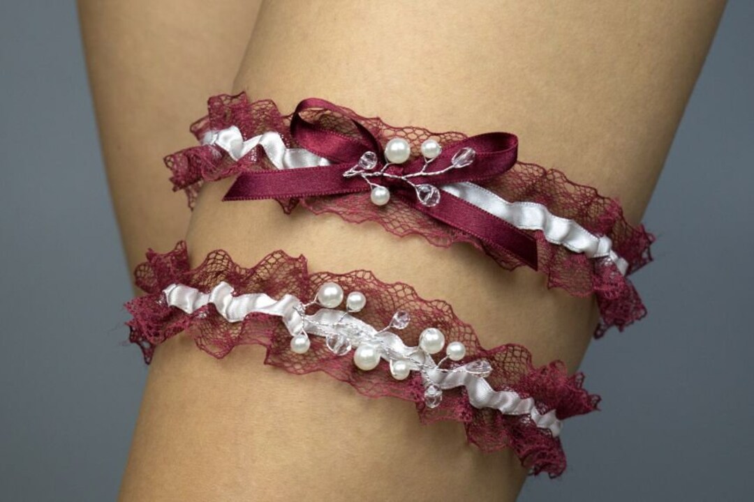 Gorgeous Rhinestone Garter Belt Set for Your Wedding Bridal Garter Tossing Garter Veil Burgundy ...